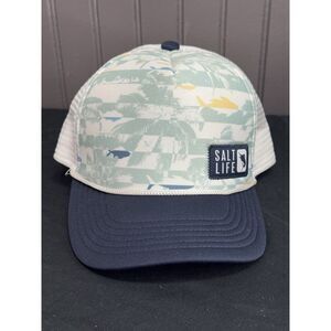 Salt Life Live Salty Men's Baseball Cap Hat Mesh White Navy Blue Fish‎